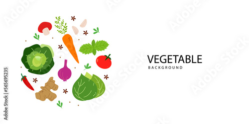 Abstract vegetable flat lay in round shape for banner template