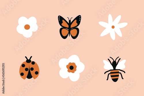 Set of garden animal illustration. Collection of flower  bug  butterfly and bee