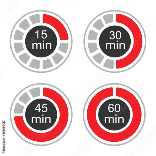 Timer icons set, four timer indicators from 15 to 60 minutes, vector illustration