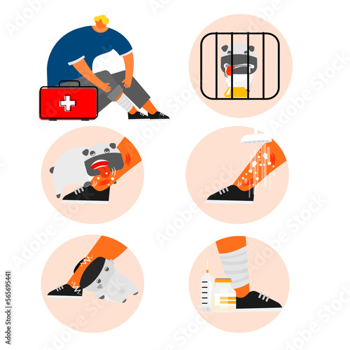 Cartoon of first aid for dog scared and bitten.