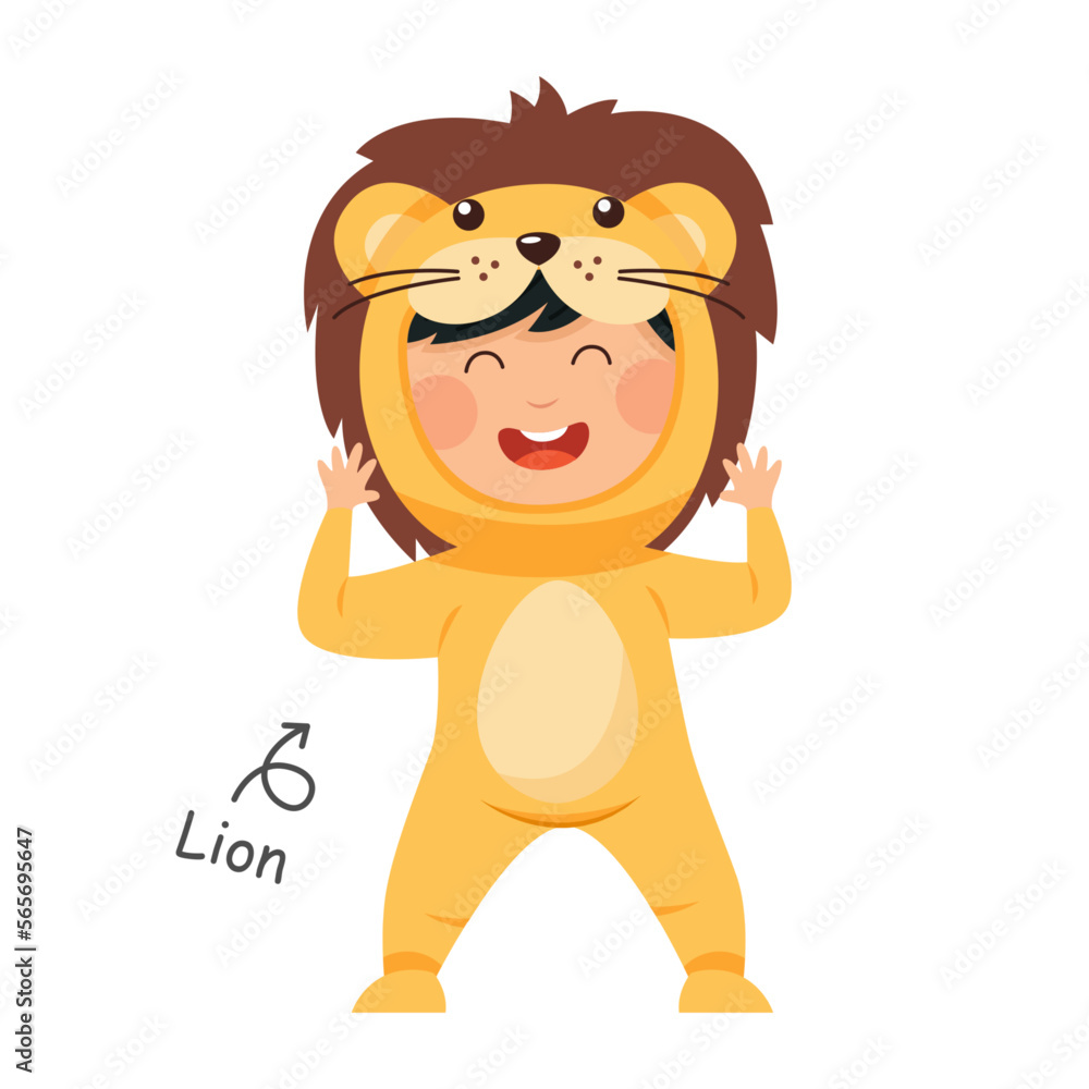 Happy child is wearing Lion animal costumes . Vector . Happy child is wearing Lion animal costumes . Vector .