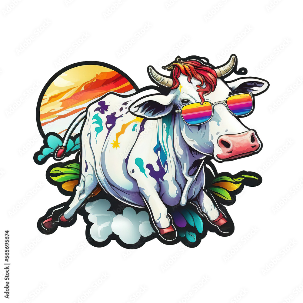 Colorful Cow Sticker Design Generative AI