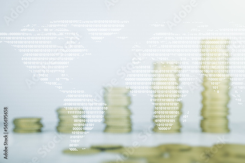 Multi exposure of abstract creative digital world map hologram on stacks of coins background, tourism and traveling concept © Pixels Hunter