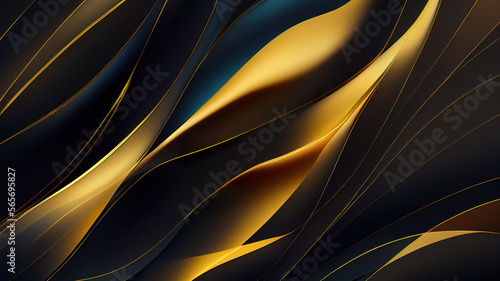 Abstract wavy blue wallpaper with golden lines. Waves background with curvy details. 3D rendering background with bluish gold colors for graphic design, banner, illustration © sdecoret