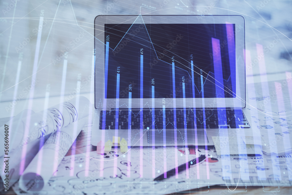 Stock market graph on background with desk and personal computer. Multi exposure. Concept of financial analysis. Stock market graph on background with desk and personal computer. Multi exposure. Concept of financial analysis.