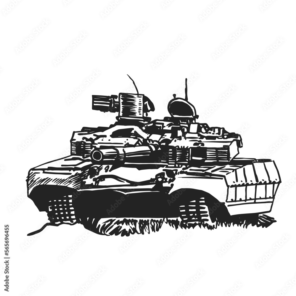 Ttracked tank. Military vehicle. Hand drawing.