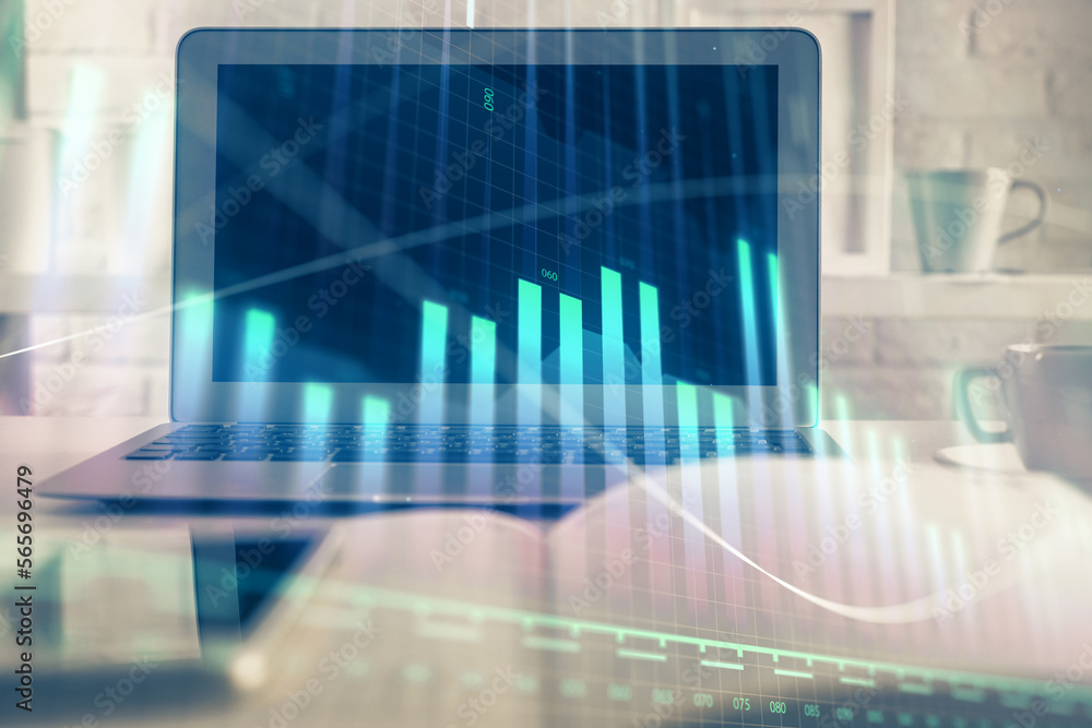 Stock market graph on background with desk and personal computer. Multi exposure. Concept of financial analysis. Stock market graph on background with desk and personal computer. Multi exposure. Concept of financial analysis.