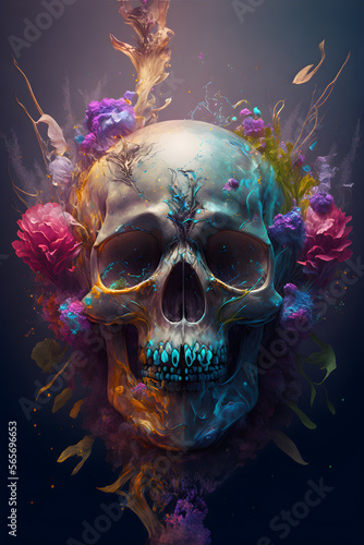 Skull with surrounded florals oil pant splash, Generative ai.