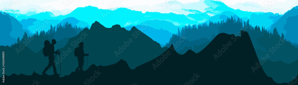 Blue landscape background banner panorama illustration vector drawing - Breathtaking view with black silhouette of mountains, hills, forest. and two hikers ( woman and man hiking )