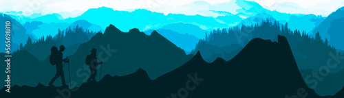 Blue landscape background banner panorama illustration vector drawing - Breathtaking view with black silhouette of mountains, hills, forest. and two hikers ( woman and man hiking )