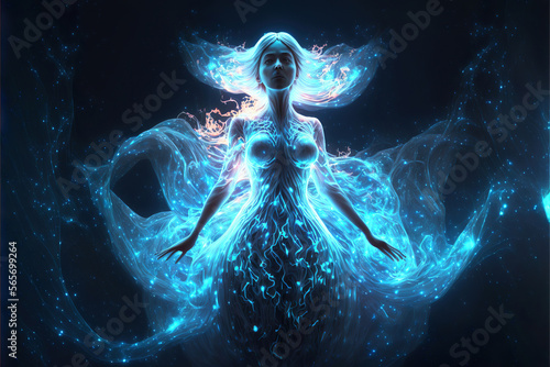 blue fantasy magical dancing water elemental fairy with glowing lights, generative ai photo