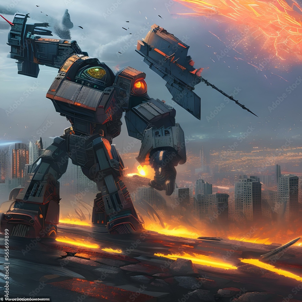 Terrible fantasy scene of a giant robot destroying a city2, Generative AI