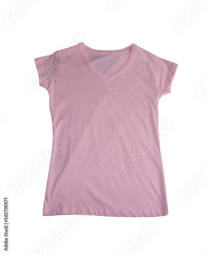 Pink T-shirt. Rose T-shirt with a V neck. Isolated image on a white background. Nobody. 