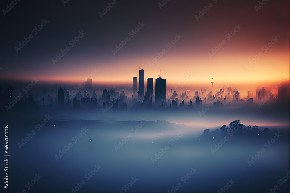 A city skyline obscured by fog, made using generative ai A city skyline obscured by fog, made using generative ai