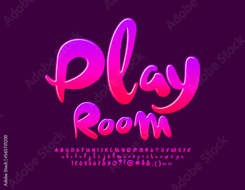 Vector bright Emblem Play Room. Funny Glossy Font. Modern Alphabet Letters, Numbers and Symbols