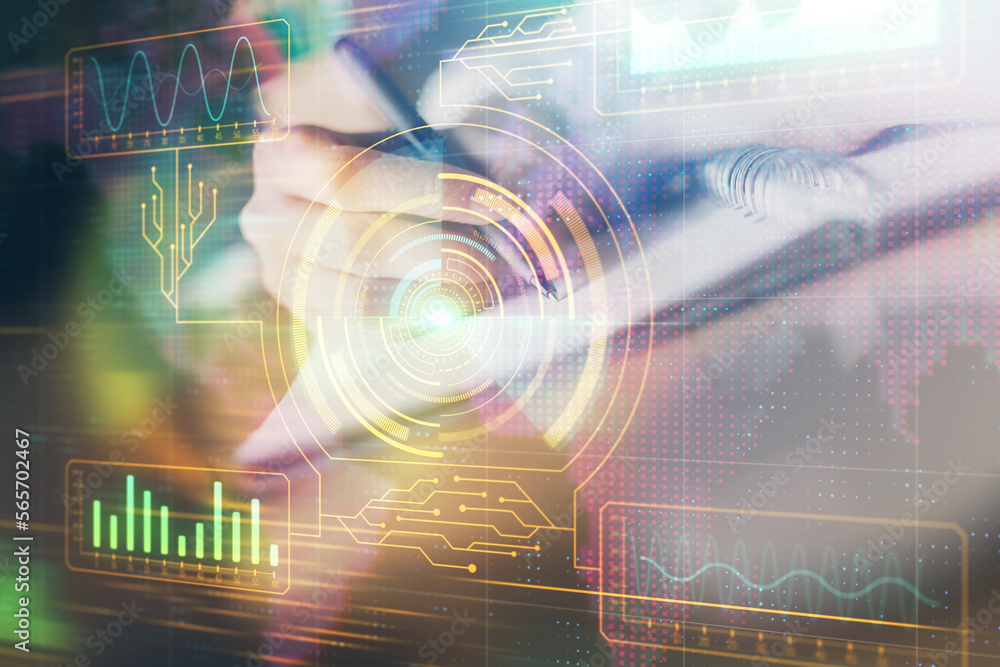 Fototapeta premium Double exposure of woman's hands on background with technology and digital coding icons. Data development concept. Close up.