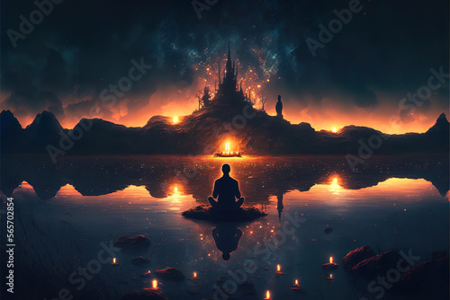 meditating yoga in the lotus position on beautiful fantasy magical colorful landscape background, generative ai