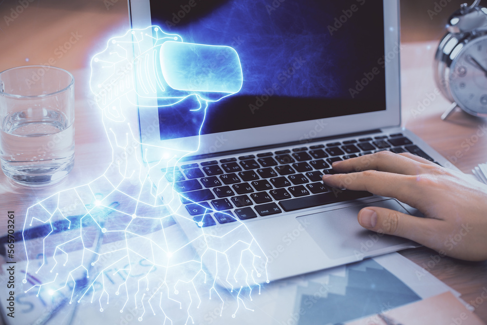 AR hologram with man working on computer on background. Augmented reality concept. Double exposure. AR hologram with man working on computer on background. Augmented reality concept. Double exposure.