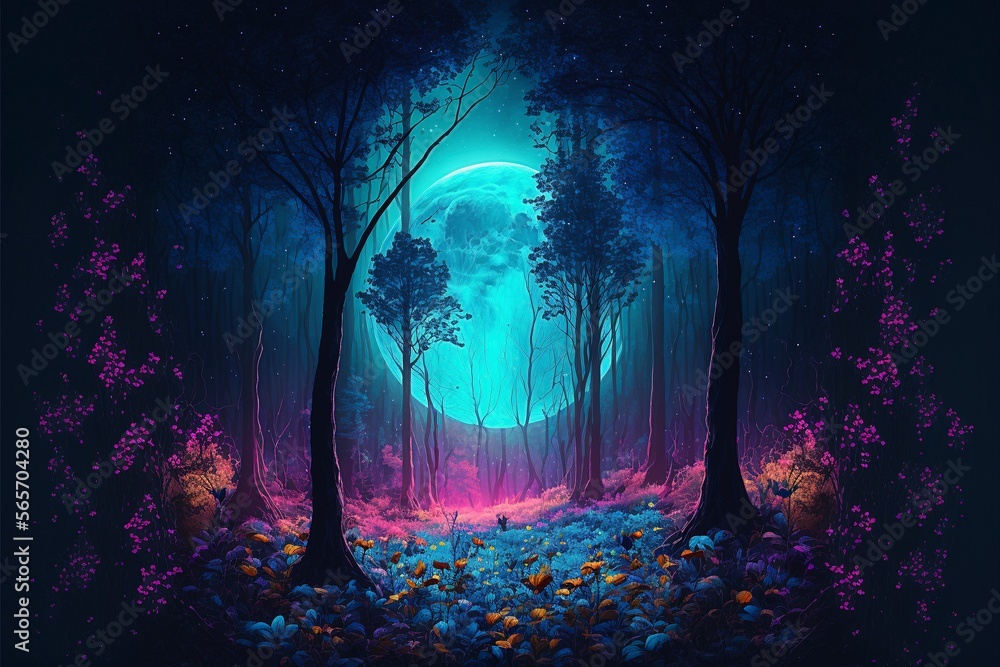 Magical Forest: A mystical forest illuminated by a bright blue moon, surrounded by colorful wildflowers and tall trees.