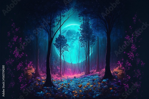 Magical Forest  A mystical forest illuminated by a bright blue moon  surrounded by colorful wildflowers and tall trees.