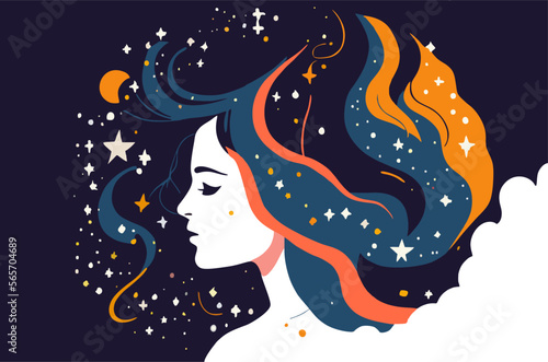 Girl with space dreams. Women with the universe of starry night in their hair. Concept in flat color graphic. Vector illustration