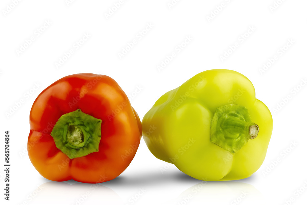 Two insulated peppers on a white background. Dietary food, veganism, healthy eating, red pepper, green pepper, isolate, lettuce, healthy vegetables. Two insulated peppers on a white background. Dietary food, veganism, healthy eating, red pepper, green pepper, isolate, lettuce, healthy vegetables.