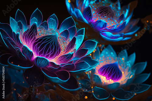 Neon Lotus Flowers. Generative AI