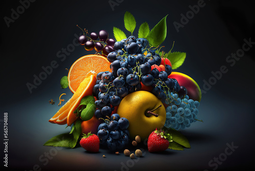 a pile of fresh summer fruit, studio lights background, concept abstract composition, generative ai