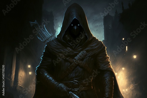 A hooded assassin stands in the shadows, The background is dark and ominous, The assassin's face is obscured by the hood, adding to the mysterious and deadly atmosphere