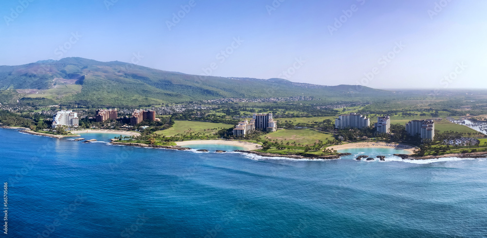 Panorama of the resorts on the west side of Oahu, Hawaii and its resort hotels, parks and lagoons