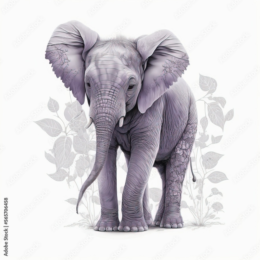 elephant isolated on white background with muted leaves, AI assisted finalized in Photoshop by me