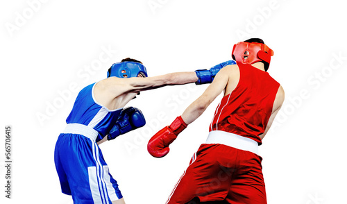 Canvas Print boxer lands right jab to opponent in boxing match