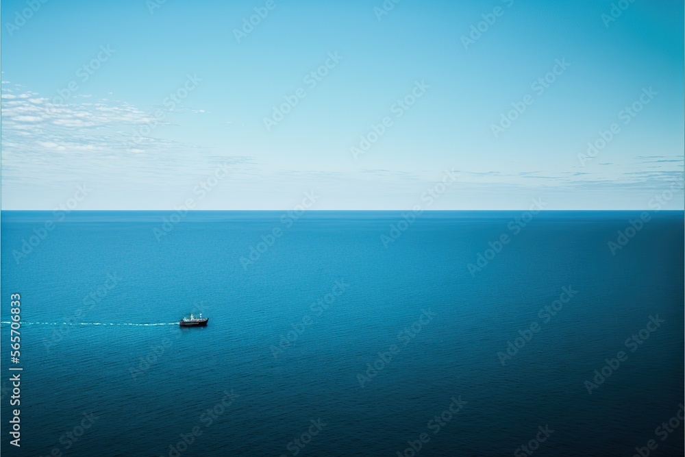 Calm ocean surface with very small ship on the horizon, created with Generative AI technology Calm ocean surface with very small ship on the horizon, created with Generative AI technology