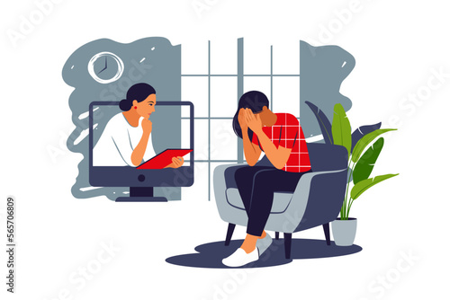 Psychology job online. Counseling depressions and anxiety. Two women are sitting and talking online. Mental health concept. Vector illustration.