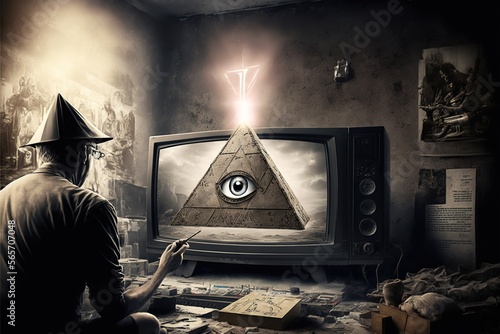 Conspiracy theory translated on TV, propaganda, misinformation, fake news, created with Generative AI technology photo