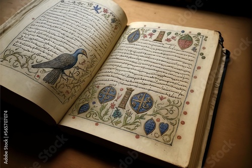 Hand written medieval book with illustrations, created with Generative AI technology