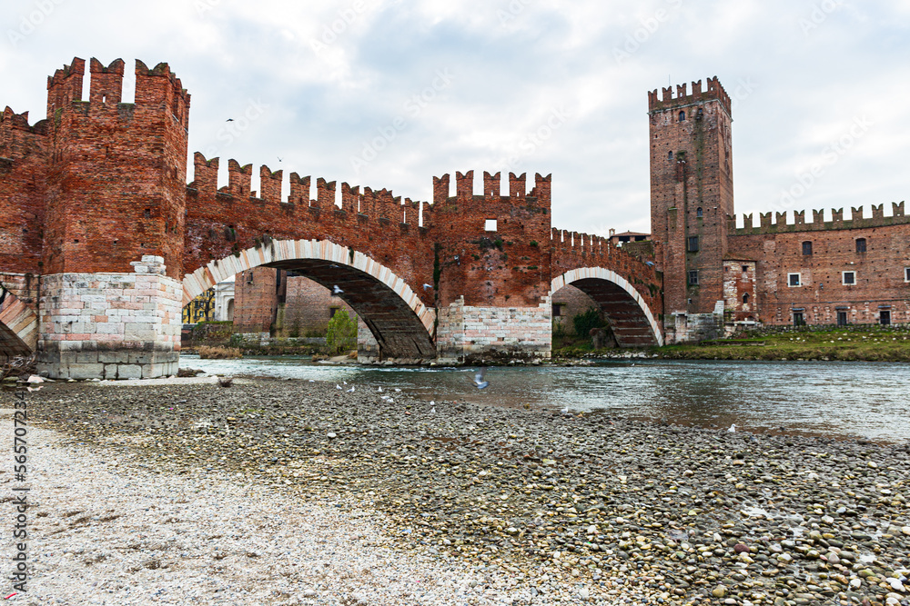Historical Castelvecchio Bridge over the Adige River in Verona, Italy