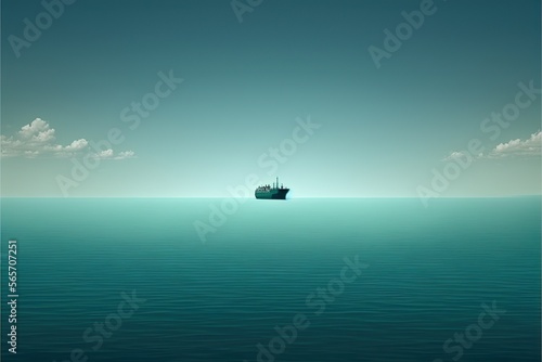 Calm ocean surface with very small container ship on it, copy space, created with Generative AI technology © tookitook
