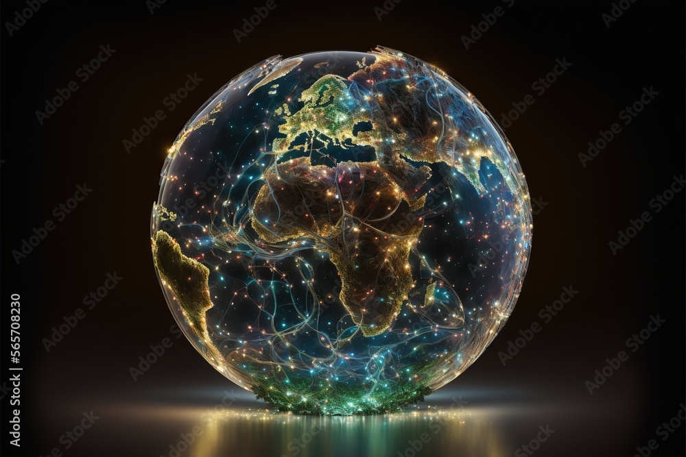 Earth from space made of glass with shining wires, concept of internet, connections, global communications, created with Generative AI technology