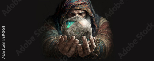 Magnificent fortune teller Old man senior reading future on magical crystal ball with copy space. Generation AI