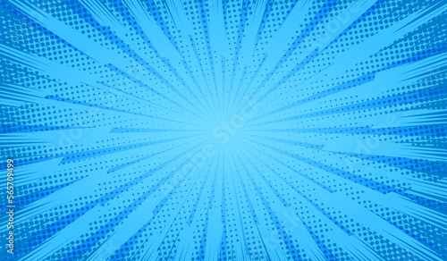Blue comics background. Abstract lines backdrop. Bright sunrays. Design frames for title book. Texture explosive polka. Beam action. Pattern motion flash. Rectangle fast boom. Vector illustration