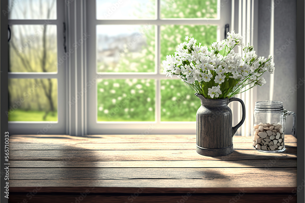 flowers in the window, empty wooden desk for product display, generative ai