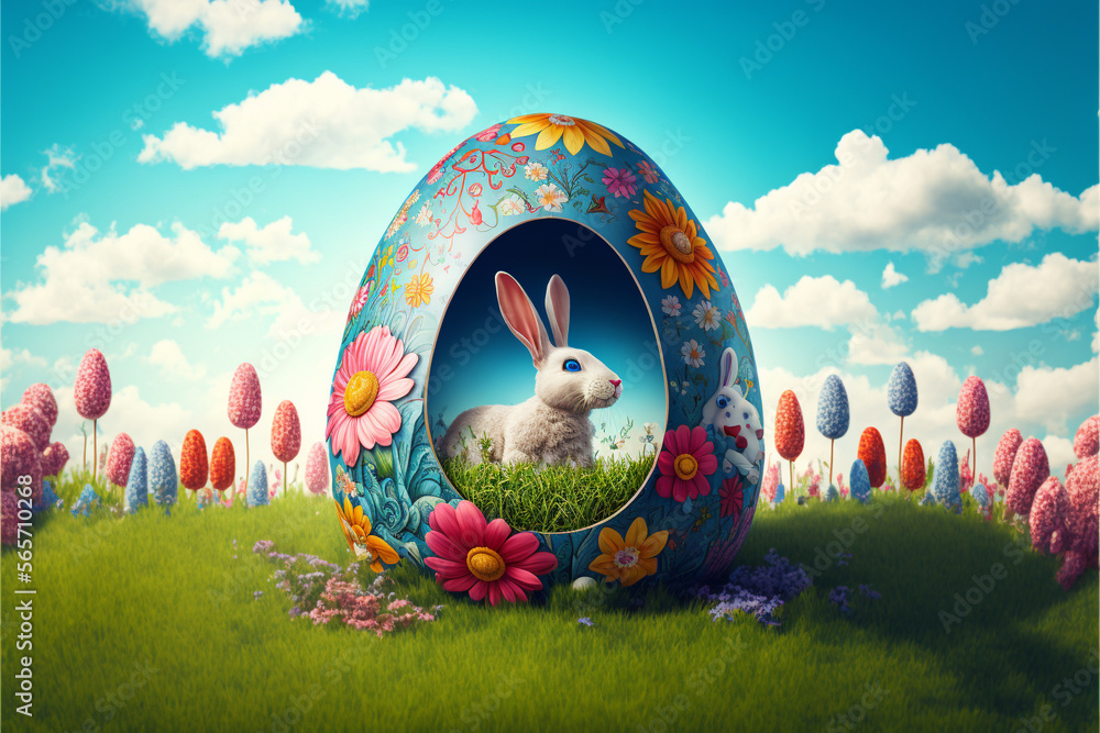 Easter bunny on a hill illustration - obrazy, fototapety, plakaty 