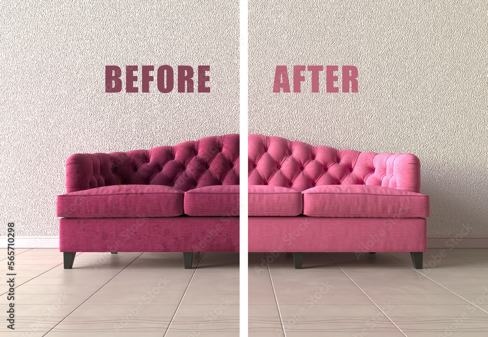 Clean and dirty sofa before and after, Cleaning service clean pink soft