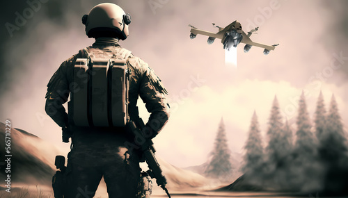 Modern soldier on background of an army military unmanned aerial vehicle drone. Generation AI