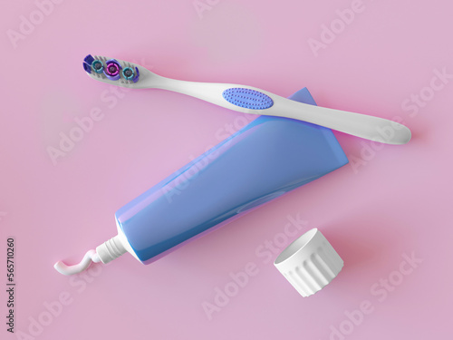 The blue tube of toothpaste is open, the lid is white, a professional toothbrush with silicone inserts for better cleaning of teeth. Isolated on a pink background, top view. 3d render illustration.
