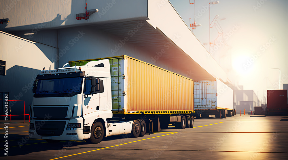Container trucks cargo, sunlight. Industrial International logistics center warehouse, transport industry. Generation AI