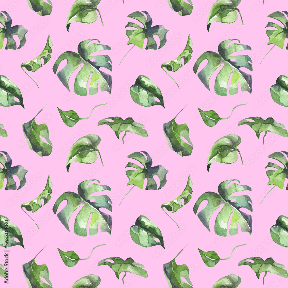 Fototapeta premium Watercolor pattern of monstera leaves