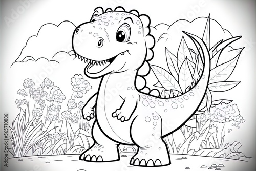 Cute baby dinosaur coloring page template. Cute tyrannosaur on abstract floral background. © Aleksey