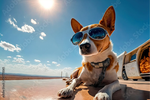  a dog wearing sunglasses sitting on a table in front of a truck with a trailer in the background and a bright blue sky above it.  generative ai © Shanti